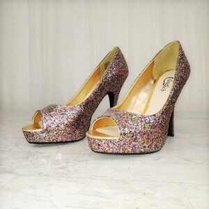Candies Cayunnis Glitter Peep Toe Platform Pumps